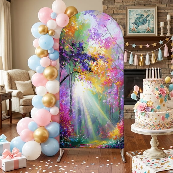 Fantasy Forest Arch Backdrop Covers 4 FT, Sunlight Trees Flower Path Woodland Stretchy Fitted Arched Stand Covers Party Arch Stand Cover Photo Booth for Wedding Birthday Decor