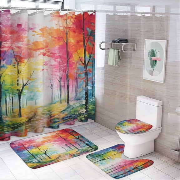Fantasy Forest Bathroom Shower Curtain Sets, Nature River Abstract Landscape 4PCS Bathroom Sets with Shower Curtain and Rugs, Toilet Lid Cover,Bath Mat, Bathroom Decorations Sets