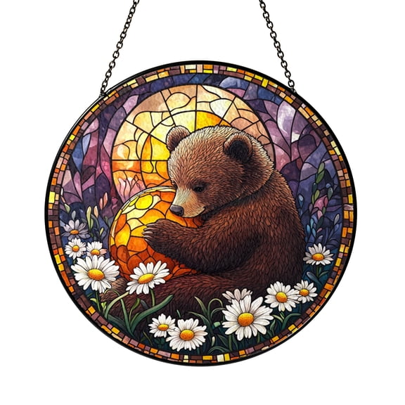 Fantasy Forest Bear Stained Glass Style Suncatcher For Window Hanging, Imaginary Animal Art Decor With Glowing Heart And Floral Details, Aesthetic Room Ornament, Decorative Present For Art Lovers
