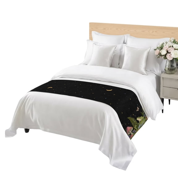 Fantasy Forest Bed Runner for Twin Size Bed, Green Frog Spotted Mushrooms Butterfly Starry Sky Soft Bedding Scarf Bedding Protector Slipcover Sofa Throw for Bedroom Hotel Guesthouse