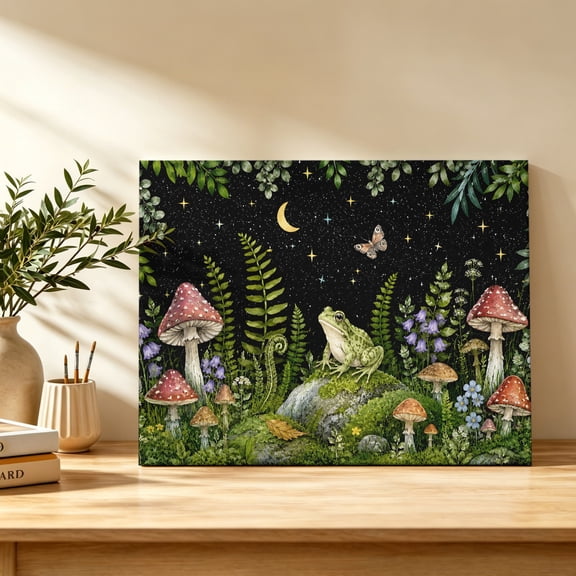 Fantasy Forest Canvas Wall Art, Green Frog Spotted Mushrooms Butterfly Starry Sky Wall Art Prints Artwork Framed Canvas Ready to Hang Art Pictures for Bathroom Bedroom Entry Desk Corner 10" x 8"