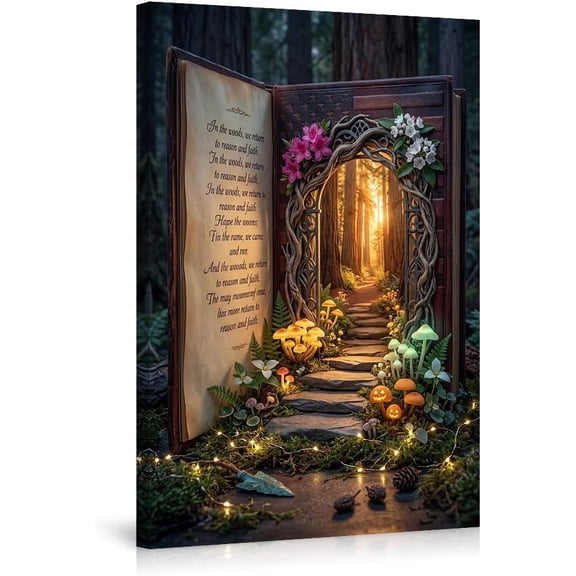 Fantasy Forest Canvas Wall Art with Inspirational Quote, Enchanted Woods Nature Landscape Picture, Magical Book Shaped Wall Decor for Living Room Bedroom Home Decorations