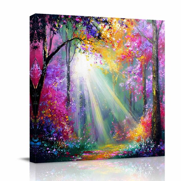 Fantasy Forest Canvas Wall Art for Living Room, Sunlight Trees Flower Path Woodland Wall Decor Framed Artwork Pictures Ready to Hang for Bedroom Office Home Decor