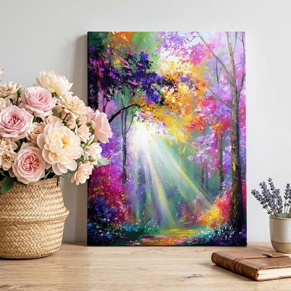 Fantasy Forest Canvas Wall Art, Sunlight Trees Flower Path Woodland Framed Canvas Wall Decor Picture Print Artwork Decorations for Living Room Office Ready to Hang 30" x 20"