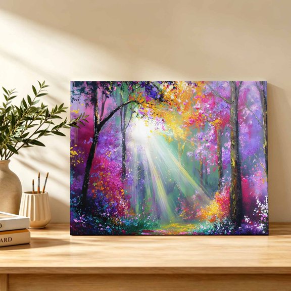 Fantasy Forest Canvas Wall Art, Sunlight Trees Flower Path Woodland Wall Art Prints Artwork Framed Canvas Ready to Hang Art Pictures for Bathroom Bedroom Entry Desk Corner 10" x 8"