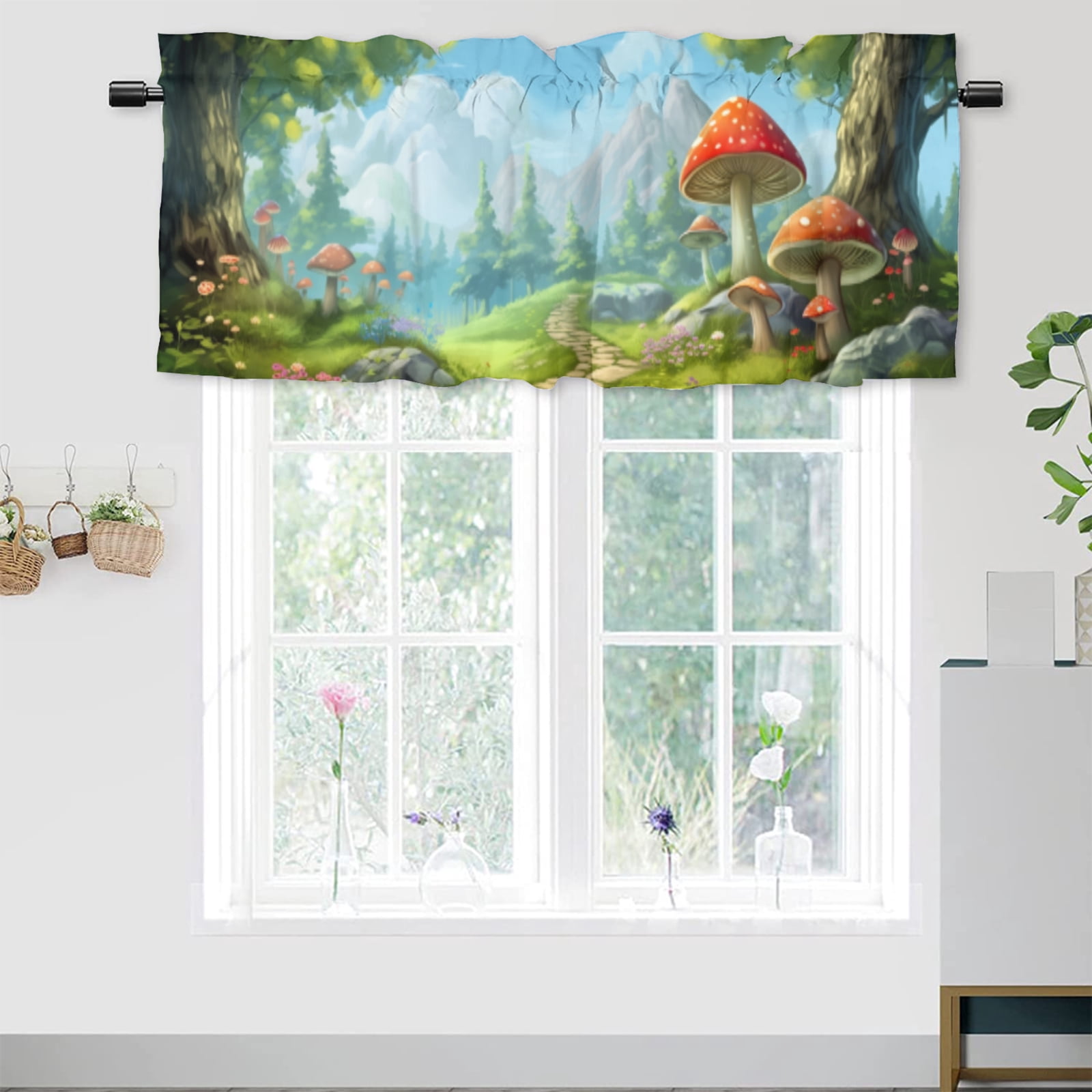 Fantasy Forest Curtain Valance for Kitchen Cartoon Magic Tale Mushroom ...