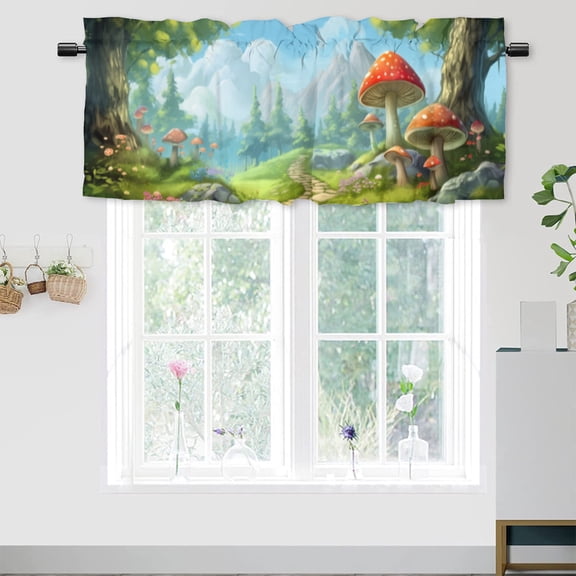 Fantasy Forest Curtain Valance for Kitchen Cartoon Magic Tale Mushroom Wonderland Window Valance for Living Room Bedroom, Kitchen Valance Rod Pocket Window Curtain 54 by 18 in, 1 Panel