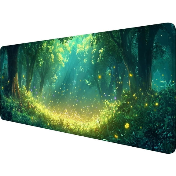 Fantasy Forest Desk Pad Mouse Pad 31.5 x 11.8 Inch Firefly Animation Flowers Light Mousepad Extended Large Laptop Keyboard Non-Slip Rubber Base with Stitched Edges for Home