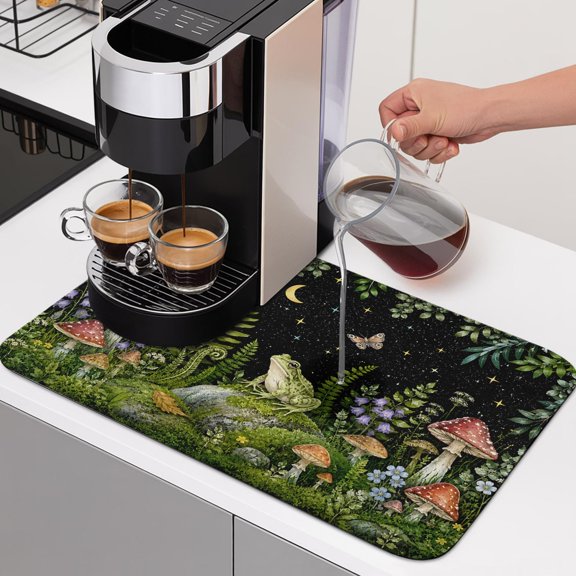 Fantasy Forest Dish Drying Mats for Kitchen Counter, Green Frog Spotted Mushrooms Butterfly Starry Sky Absorbent Coffee Bar Mat with Non-slip Rubber Backed Quick Drying Dish Rack Pad 12"x16"