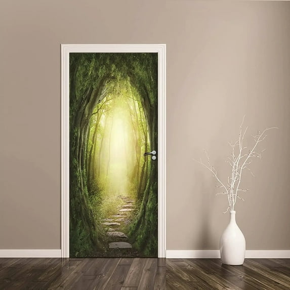 Fantasy Forest Door Stickers Green Woods Stream Mushroom Door Decal Magic World Mural Wallpaper Poster Living Room Bedroom r
