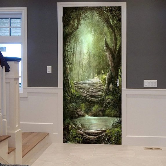 Fantasy Forest Door Stickers Green Woods Stream Mushroom Door Decal Magic World Mural Wallpaper Poster Living Room Bedroom r