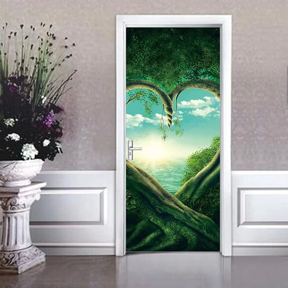 Fantasy Forest Door Stickers Green Woods Stream Mushroom Door Decal Magic World Mural Wallpaper Poster Living Room Bedroom r