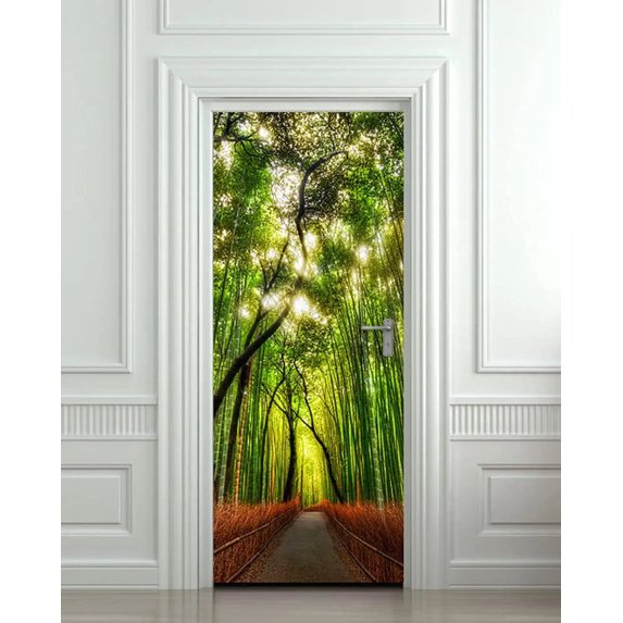 Fantasy Forest Door Stickers Green Woods Stream Mushroom Door Decal Magic World Mural Wallpaper Poster Living Room Bedroom r