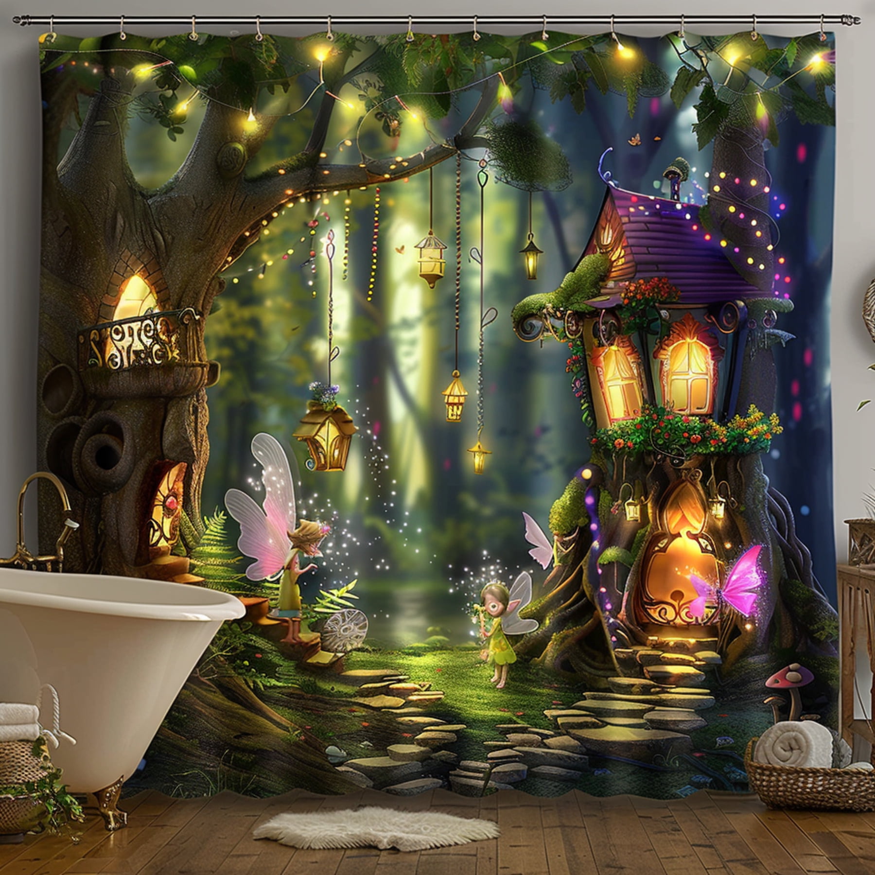 Fantasy Forest Fairy Shower Curtain Cartoon Style with Cute Fairies