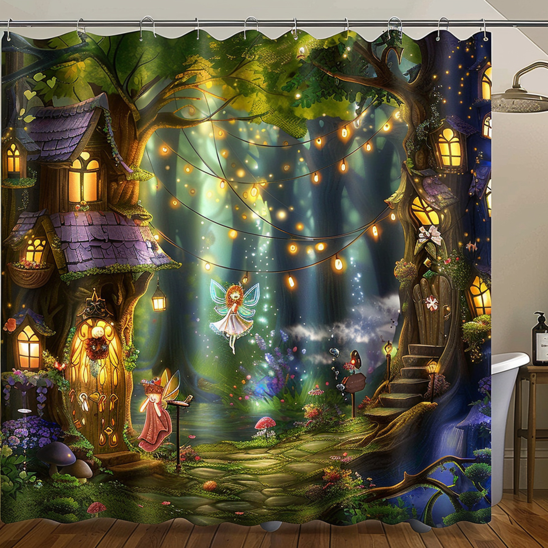 Fantasy Forest Fairy Shower Curtain Cartoon Style with Cute Fairies and