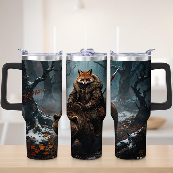 Fantasy Forest Fox Riding Bear Stainless Steel Tumbler, 30oz
