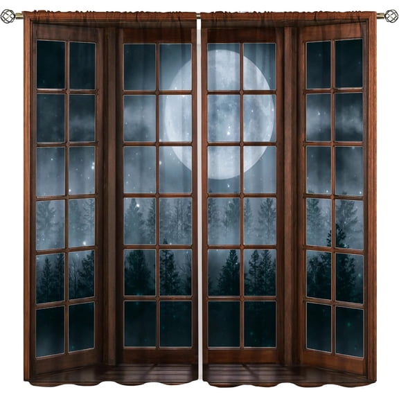 Fantasy Forest Landscape Curtains,Through The Window Forest Jungle Full Moon Plant Night Scene Blackout Rod Pocket for Bedroom Living Room Kitchen Drapes 55x39 Inch