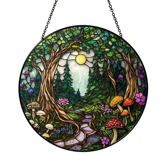 Fantasy Forest Landscape Stained Glass Style Suncatcher Window Hanging, Colorful Woodland Mushroom Window Decor Ornament, Nature Inspired Decorative Glass Art Panel, Scenic Window Accent
