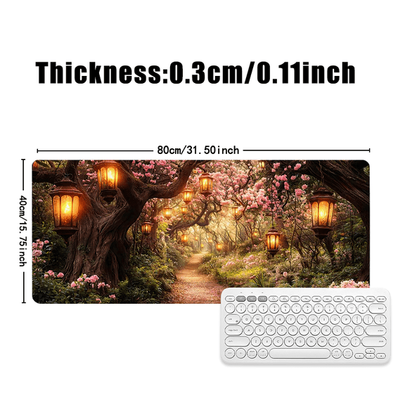 Fantasy Forest Lantern Path Mouse Pad 31.5 x 11.82 Inches Rubber Desk Accessory with Cherry Blossom Design for Office and Home Use