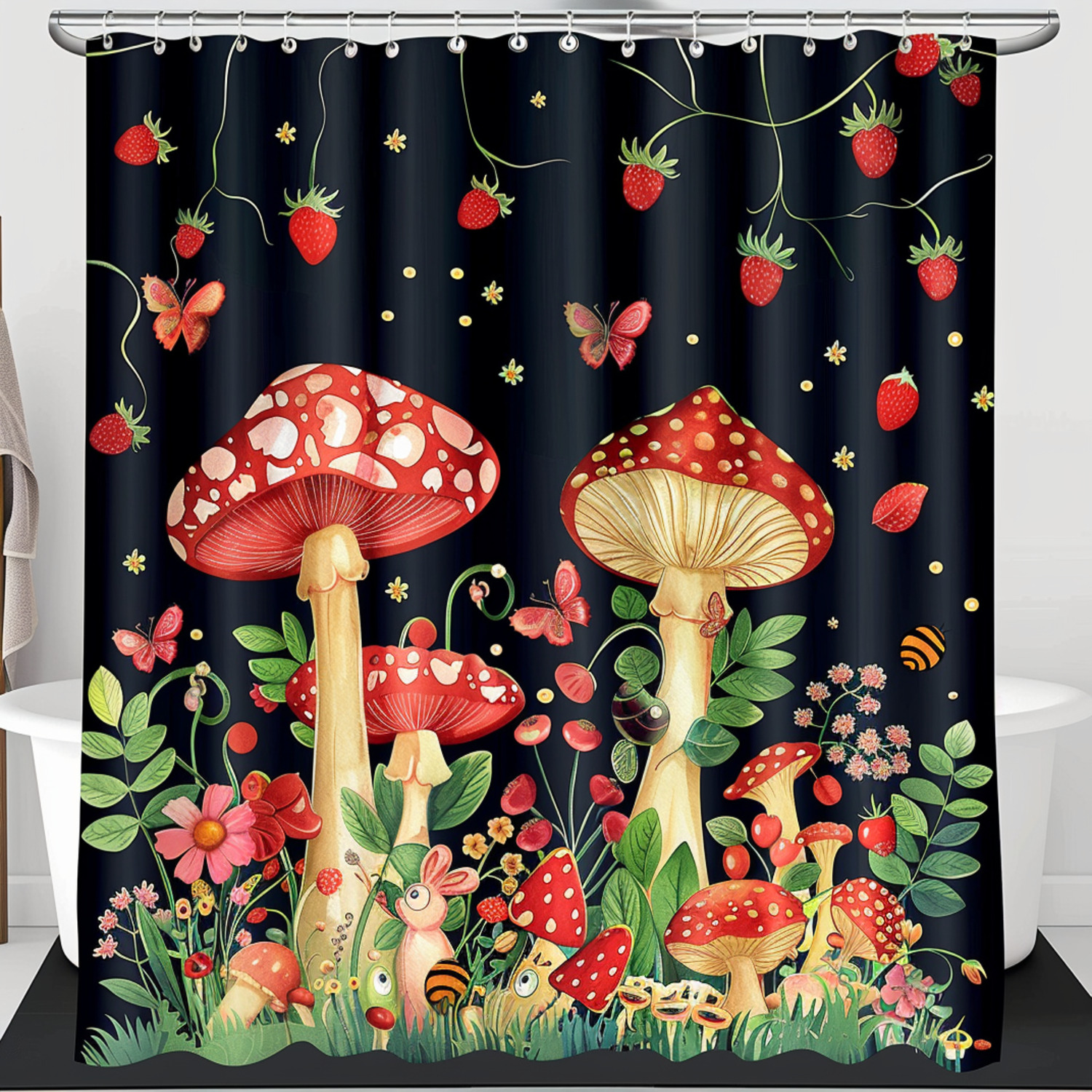 Fantasy Forest Mushroom Shower Curtain Set Cute Cartoon Illustration