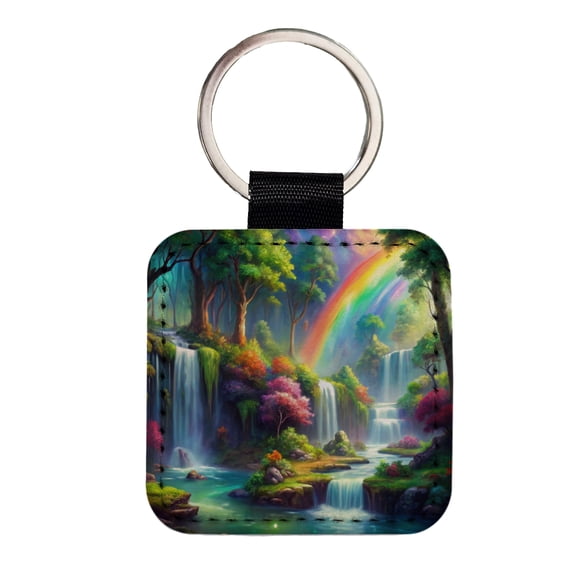 Fantasy Forest Rainbow Waterfalls Watercolor Faux Leather Square Keychain