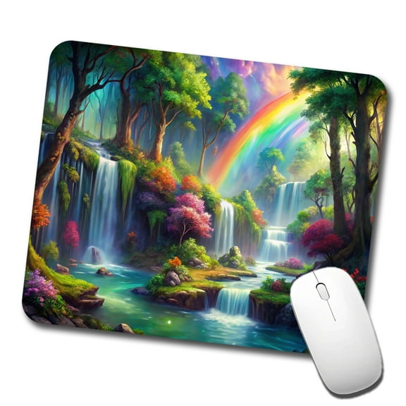 Fantasy Forest Rainbow Waterfalls Watercolor Mouse Pad Low Profile Gaming Mat
