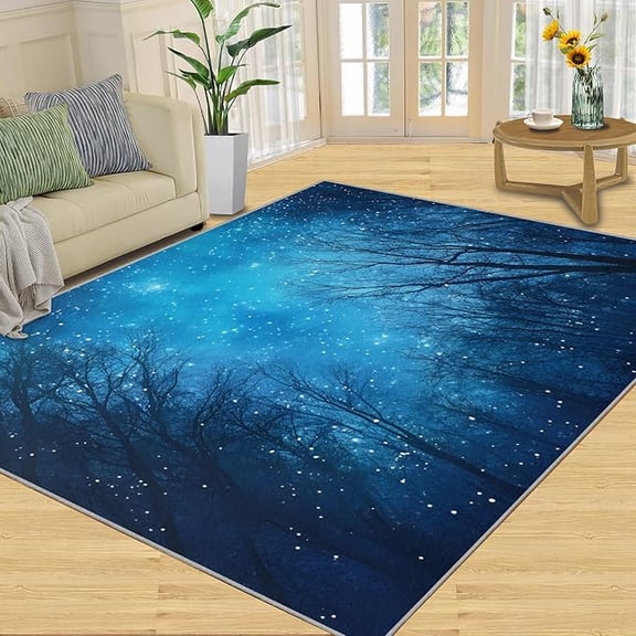 Fantasy Forest Rug, Blue Starry Night Washable Rugs for Living Room, Nursery Carpet, Woodland Non-Slip Area Rugs, Boys Room Carpet, Forest Home Decor & Gifts 2 x 3ft
