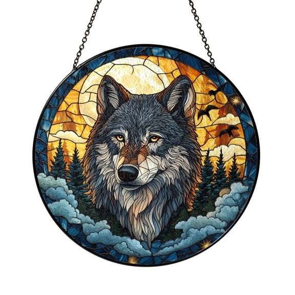 Fantasy Forest Scene Glass Window Panel Featuring Wolf Design, Decorative Wildlife Light Catching Art for Home Window Spaces