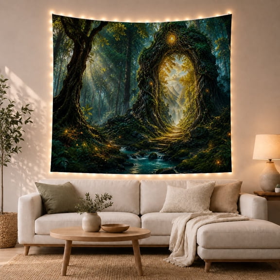 Fantasy Forest Scene with Stone Archway and Waterfall, Dreamy Fantasy for Nature Lovers, Magical Forest Wall Art, Housewarming Gift, Tapestry Wall Hanging for Bedroom and Living Room
