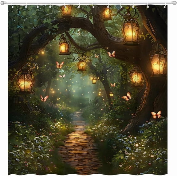 Fantasy Forest Shower Curtain Fairytale Jungle Magical Enchanted Misty Wonderland Floral Tree Butterfly Lantern Nature Landscape Bath Curtain Fabric Bathroom Accessories Decor with Hooks