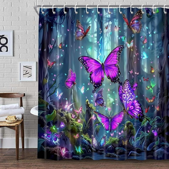 Forest Forest Shower Curtain Magic Fairy Tale Gemstone Blue Forest Butterfly Shower Curtain for Bathroom, Modern Fabric Cloth Waterproof Bath Curtain with Hooks, 60X70IN