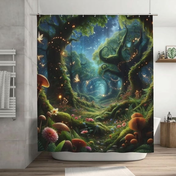Fantasy Forest Showers Curtains,Nature Green Spring Woodland Dreamland Landscape Bathroom Curtain Polyester Waterproof Fabric Decor