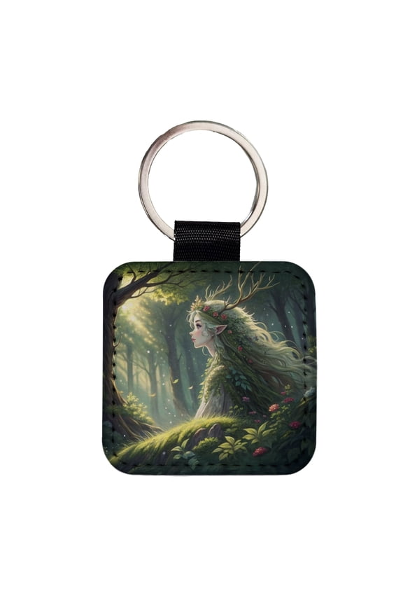 Fantasy Forest Spirit Anime Style Faux Leather Square Keychain