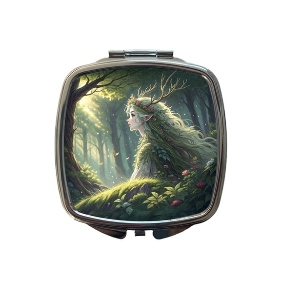 Fantasy Forest Spirit Anime Style Travel Makeup Handbag Purse Small Pocket Compact Mirror
