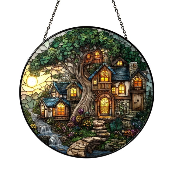 Fantasy Forest Stained Glass Style Window Suncatcher, Treehouse Landscape Art Decor, Decorative Hanging