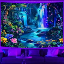 Fantasy Forest Tapestry Aesthetic Mountain Landscape Wall Tapestries UV Reactive Hippie Bohemian Magic Flower Floral Wall Hanging for Bedroom Living Room 90x60 Inch
