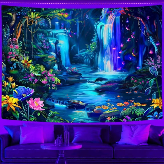 Fantasy Forest Tapestry Aesthetic Mountain Landscape Wall Tapestries UV Reactive Hippie Bohemian Magic Flower Floral Wall Hanging for Bedroom Living Room 90x60 Inch