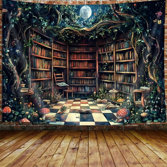 Fantasy Forest Tapestry Aesthetic, Witchy Fairy Mushroom Moon Vintage Library Nature Tapestry Wall Hanging for Bedroom, Dark Retro Magical Bookshelf Tapestries Poster Dorm Home Decor 60X40Inches