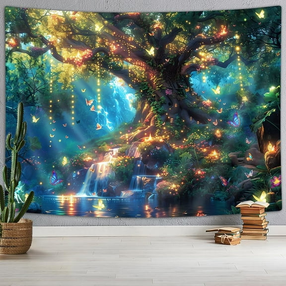 Fantasy Forest Tree Butterfly Wall Hanging Tapestry  Enchanted Jungle Waterfall Mushroom Design, 4030 in Blue