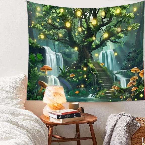 Fantasy Forest Tree of Life Wall Tapestry, Nature Waterfall Design, Green, 36 x 48 Inches