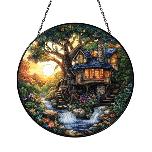 Fantasy Forest Treehouse Stained Glass Window Decor, Waterfall Woodland Suncatcher Hanging Panel, Enchanted Landscape Ornament Gift