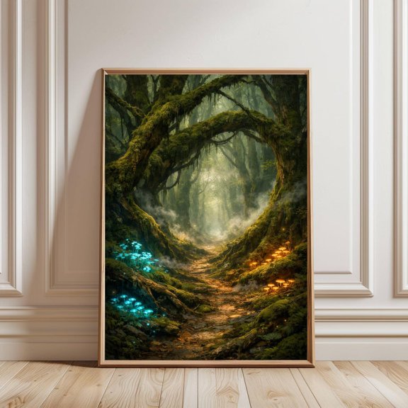 Fantasy Forest Wall Art Emerald Greens Turquoise Glow Print Whimsical Enchanted Woods Decor Poster