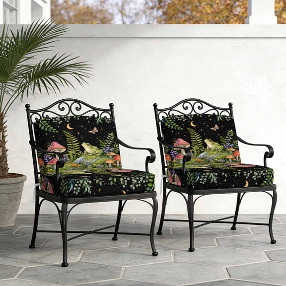 Fantasy Forest Waterproof Cushion Covers Set of 2, Green Frog Spotted Mushrooms Butterfly Starry Sky 20x18 Inch Stretch Outdoor Couch Cushion Covers Chair Sofa Seat Slipcover for Patio