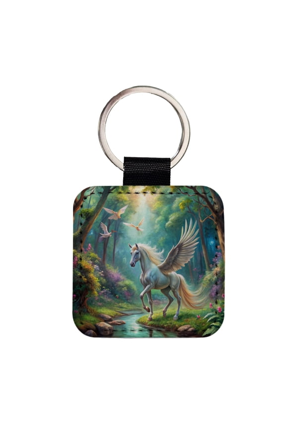 Fantasy Forest With Pegasus Winged-stallion Watercolor Faux Leather Square Keychain