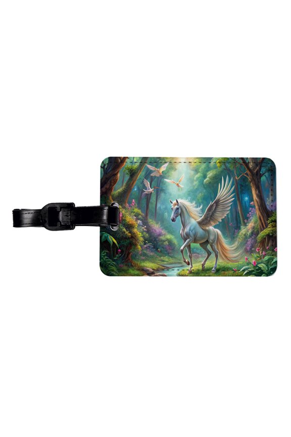 Fantasy Forest With Pegasus Winged-stallion Watercolor Faux Leather Travel Luggage Tag