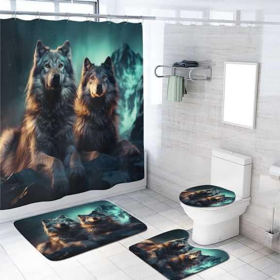 Fantasy Forest Wolf 4 Pieces Shower Curtain Set with Non-Slip Rug Abstract Aurora Wildlife Animal with Toilet Lid Cover and Bath Mat, Waterproof Shower Curtain with 12 Hooks, 72x72 Inch