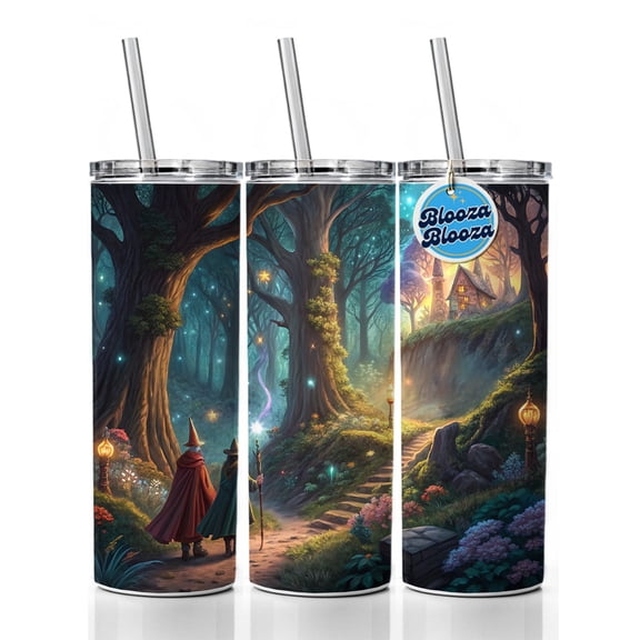 Fantasy Forest with Wizards 20oz Insulated Water Bottle Skinny Tumbler Includes Straw