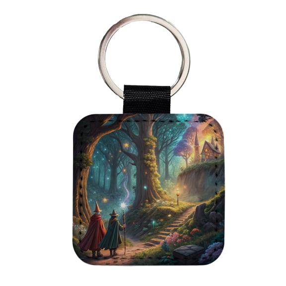 Fantasy Forest with Wizards Faux Leather Square Keychain