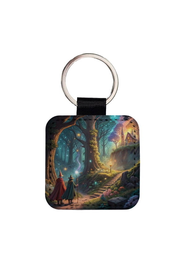 Fantasy Forest with Wizards Faux Leather Square Keychain