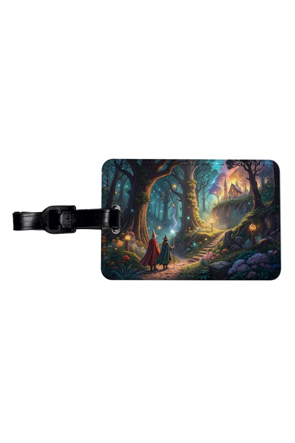 Fantasy Forest with Wizards Faux Leather Travel Luggage Tag